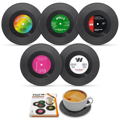 Vintage Vinyl Record Coasters Set of 6, Non-Slip, 4.1" Lightweight | Sturdy Retro Drink Coasters, Heat-Resistant; for Coffee Table, Kitchen, Office, Bar, Home, Cups & Glasses; Music Lovers Gift - color: 5 Pcs Black Coasters