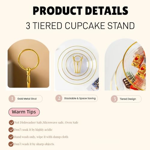 2 Pack of 3 Tiered Transparent Plastic Dessert Cup Cake Stand Holder | Small Tiered Serving Cake Stand, Clear Plate with Gold Rim, Weddings Parties Pastry Serving Tray