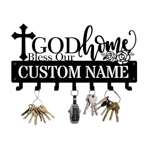 NIWAHO Personalized God Bless Our Home Metal Key Holder Spiritual Wall Mount - Custom Name Key Rack with Hooks for Entryway, Kitchen, Bedroom Christian Decor - color: God Bless Our Home