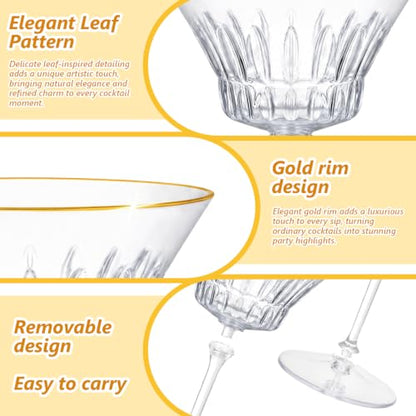 12 Pcs Plastic Martini Glasses with Gold Rim 4.5 Oz Reusable Acrylic Coupe Cocktail Glasses Removable Champagne Dessert Cups for Margaritas Weddings Parties Birthday (12, clear) - color: Clear