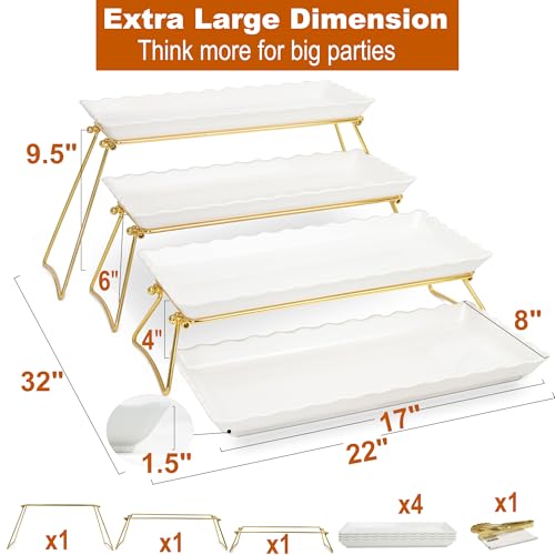 KAQAHIDO Extra Large 4 Tier Serving Tray Set, 34x22x10 inch Wave Edge Melamine Dessert Table Display Set, Tiered Trays Stand for Party Buffet Entertaining, Gold and White - color: Gold