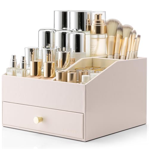 VLANDO 2-Layer Vanity Organizer with Drawers for Vanity,Apricot White | Wipe-Clean PU Leather with Removable Lipstick Holder,Skincare Perfume Brushes Storage,Dorm Decor,Gift for Women - color: Apricot White, size: 2 Layer