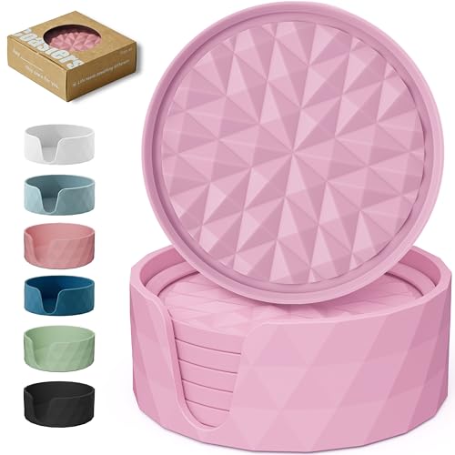 Silicone Drink Coasters Set of 6, Desk Cup Coaster | Prevents Condensation&Spills, Non-Slip, Reusable&Easy Clean, Diamond Pattern, Cute Home Decor for Women, Gift, Soft Pink - color: Soft Pink, size: 6×3.9inches