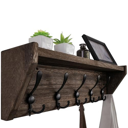 WEBI Coat Rack Wall Mount with Shelf,24" Long Wall Shelf with Hooks Underneath,5 Triple Hooks for Entryway,Hallway,Bedroom,Weathered Brown - color: Weathered Brown, size: 24 Inch