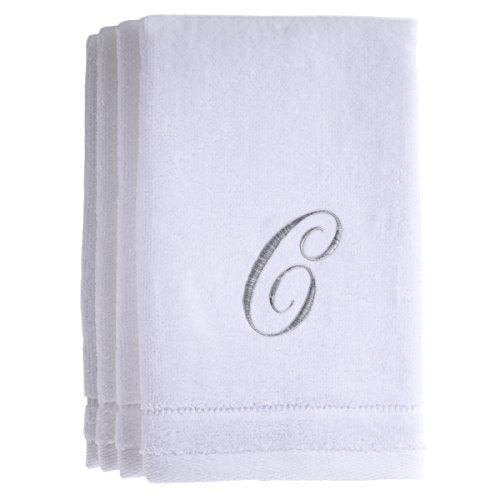 Monogrammed Towels Fingertip, Personalized Gift, 11 x 18 Inches - Set of 4- Silver Embroidered Towel - Extra Absorbent 100% Cotton- Soft Velour Finish - For Bathroom/ Kitchen/ Spa- Initial C (White) - color: C