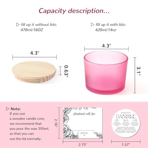 6 Pack Glass Candle Jars with Lids (16oz, Frosted Pink) - Large Candle Jars for 3 Wick Candles Making - Empty Candle Jars Containers - Candle Making Accessories Include 16Pcs Candle Labels - color: Frosted Pink