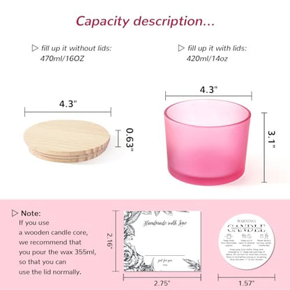 6 Pack Glass Candle Jars with Lids (16oz, Frosted Pink) - Large Candle Jars for 3 Wick Candles Making - Empty Candle Jars Containers - Candle Making Accessories Include 16Pcs Candle Labels - color: Frosted Pink