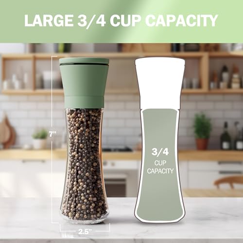 Home EC Premium Green Sea Salt and Pepper Grinder Set of 2 - Adjustable Ceramic - Tall Glass Salt and Pepper Shakers - Kitchen Pepper Mill & Salt Mill W/Funnel & EBook - color: Green Cap/Clear Glass, size: 2pk