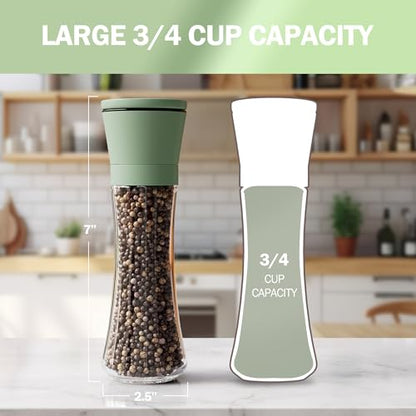 Home EC Premium Green Sea Salt and Pepper Grinder Set of 2 - Adjustable Ceramic - Tall Glass Salt and Pepper Shakers - Kitchen Pepper Mill & Salt Mill W/Funnel & EBook - color: Green Cap/Clear Glass, size: 2pk