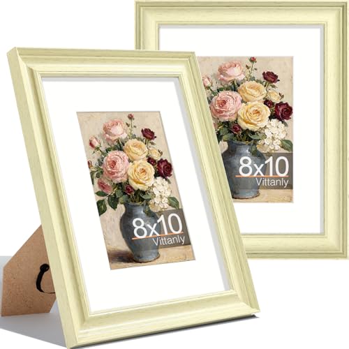 Vittanly 8x10 Picture Frames Set of 2, Vintage Photo Frames, Beige | Display 5x7 Pictures with Mat or 8x10 without Mat, Rustic Frames Covered by Plexiglass, Wall & Tabletop Farmhouse Home Decor - color: Beige, size: 8x10