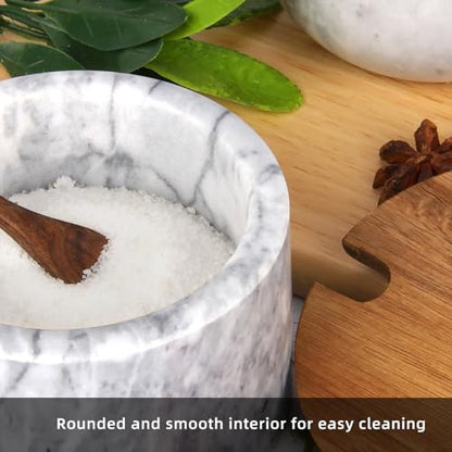 Marble Salt Cellar Box with Wood Lid & Spoon, Light Grey Bowl | Modern White Stone, Pepper Sugar Spice Seasoning Container, Jar Holder Well Keeper Dish Pig Crock, For Kitchen