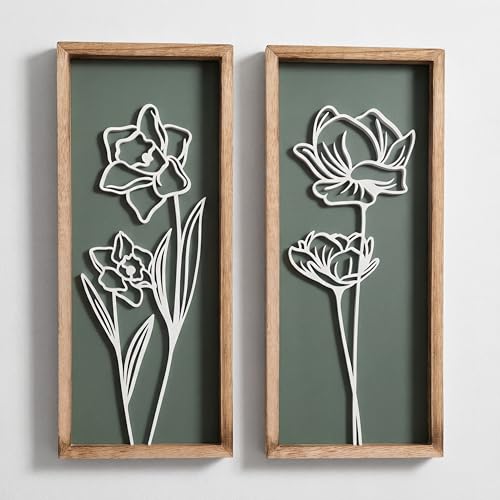 Tide and Tales Floral 3D Green Wall Art, Botanical Wall Decor, Set of 2 | 7" x 16", Lightweight, Framed Ready-to-Hang, Bathroom Wall Decor, Bedroom, Living Room or Office, Boho, Farmhouse, Gift-Boxed - color: Green, size: 7" x 16"