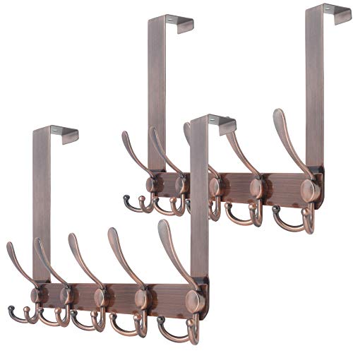 SKOLOO Over The Door Hook - for Doors up to 1-3/4'' Thickness, Pack of 2, Metal Door Hanger with 5 Triple Hooks, Copper Red Over The Door Hanger for Coats, Hats,Towels, Assembly Required - color: Retro red, size: 2 Pack