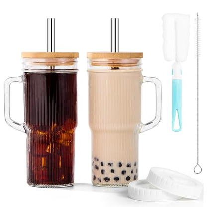 JunVpic Glass Tumbler, 24 oz Ice Coffee Cups with Bamboo Lid and Handle | Stainless steel straws and cleaning brushes, Ribbed design for iced coffee, smoothies, tea and daily drinks - color: Clear-Ribbed, size: 24oz