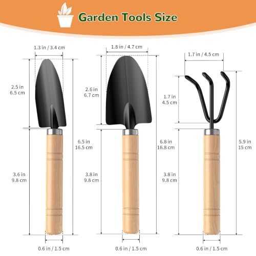 3 Pcs Mini Garden Tool Set with Small Trowel, Mini Shovel & Hand Rake | Iron Gardening Hand Tools with Wood Handle, Potting & Transplanting Tool Kit for Houseplants, Succulents, Herbs & Flowers - color: natural wood-3pcs