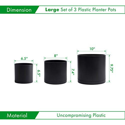 D'vine Dev 3-Pack Plastic Pots & Saucers, 6.5/8/10 in, Black, 74-V-B-4 | Multi-Size Options, Lightweight Durable, Matte Finish, Cylinder Shape, Drainage Holes, Sleek Design, Detachable Saucer - color: Matte Black, size: Large
