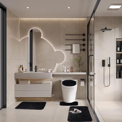 4 Piece Non Slip, Toilet Lid Cover and Contour Mat, Bath Mats Shower Mats Bath Rug Mat for Tub Toilet Bathroom (Black) - color: Black