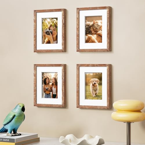 Vittanly Solid Wood 8x10 Picture Frames Set of 4, Distressed Brown | 5x7 Picture Frame with Mat, Gallery Wall Frame Set, 8 x 10 Frame for Wall & Tabletop Display, Family, Pet, Christmas - color: Distressed Brown, size: 8x10