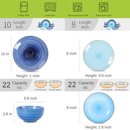 Selamica Ceramic 16-Pieces Dinnerware Set, Ceramic Dishes Set for 4, Kitchen Plates and Bowls Sets, Dinner Plates Set, Spray Black Dots, Gradient Blue - color: Gradient Blue, size: 16 Pieces