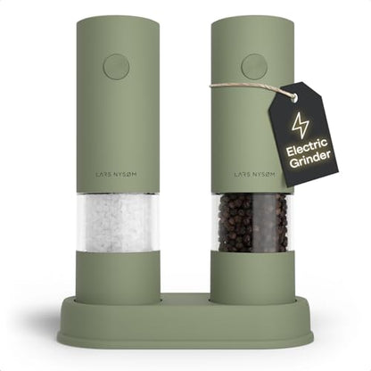 LARS NYSØM Electric Salt and Pepper Grinder Set I Automatic Salt and Pepper Mills with Adjustable Ceramic Grinder I AAA-Battery Operated Electric Spice Mill Set (Sage Green) - color: Sage Green