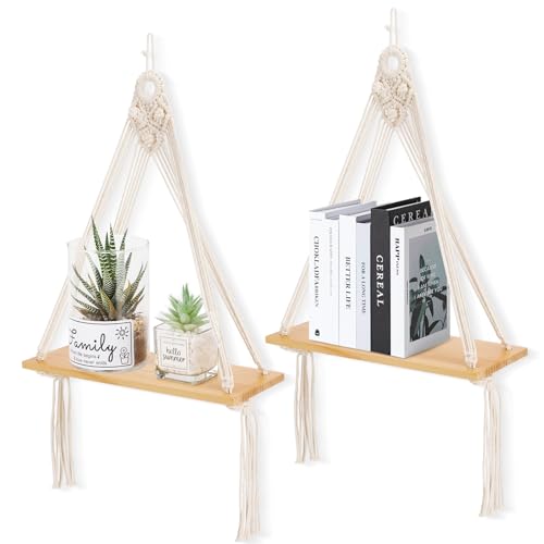 Sunkaioo Macrame Wall Hanging Shelf Set of 2,Boho Wooden Display Floating Shelves for Wall Decor with Handmade Woven Rope,Farmhouse Rustic Plant Shelf for Bedroom Dorm Nursery Living Room Bathroom