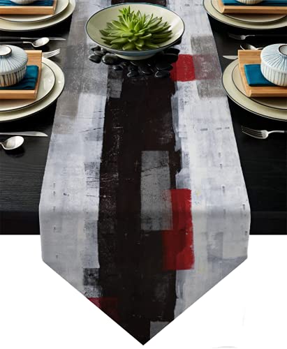 Modern Burlap Table Runner,Abstract Red and Black Art Table Runners for Table Dresser Runner Farmhouse Style for Dinner Party Holidays Home Decoration (Red and Black, 13"x 71") - color: Red and Black, size: 13"x 71"