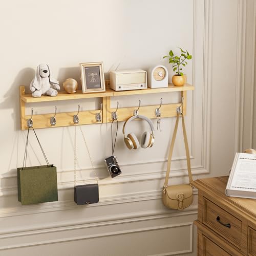 STELLSTAR Coat Rack with Shelf, 2 Pack Bamboo Wall-Mounted Coat Hanger with 8 Hooks for Entryway, Hallway, Kitchen, Bathroom, Living Room, Utility Room (Natural) - color: Natural