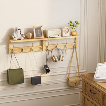 STELLSTAR Coat Rack with Shelf, 2 Pack Bamboo Wall-Mounted Coat Hanger with 8 Hooks for Entryway, Hallway, Kitchen, Bathroom, Living Room, Utility Room (Natural) - color: Natural