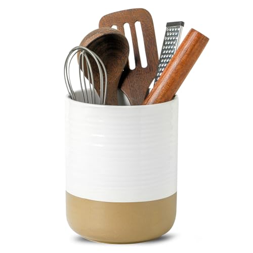 HASENSE Utensil Holder, 7.4" x 6.2" Ceramic Utensil Holder for Kitchen Counter, Large Utensil Oganizer for Utensil Set, Farmhouse White Cooking Utensil Crock for Kitchen Decor - color: White(1 pcs)