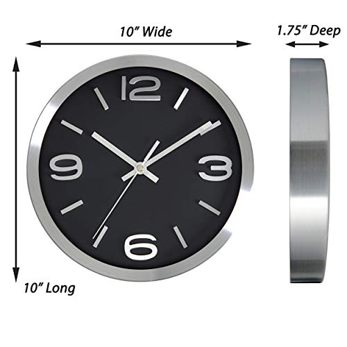 Bernhard Products Modern Wall Clock 10 Inch Black & Silver Silent Non Ticking Battery Operated Metal Round Elegant Quality Quartz, Kitchen Home Office Clock with 3D Numbers, Easy to Read - color: Silver & Jet Black