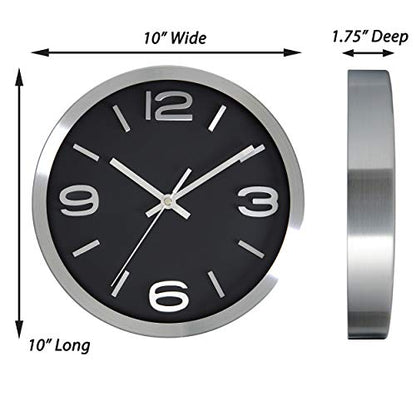 Bernhard Products Modern Wall Clock 10 Inch Black & Silver Silent Non Ticking Battery Operated Metal Round Elegant Quality Quartz, Kitchen Home Office Clock with 3D Numbers, Easy to Read - color: Silver & Jet Black