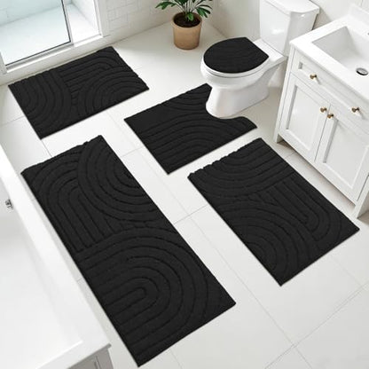 Pauwer Bathroom Rugs Sets 5 Piece, Absorbent Non Slip Bath Mat Set, Black | Machine Washable, Microfiber Plush, Quick Dry Runner, U Shaped Contour Toilet Rugs, Shower Mats and Toilet Lid Cover - color: Black