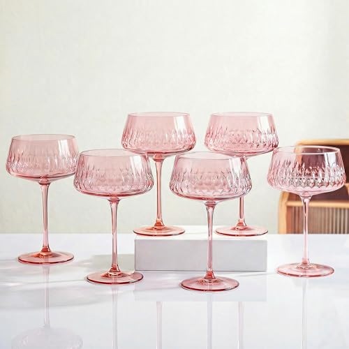 JOVGANK Pink Martini Glasses Set of 6, Hand Blown Cocktail Glass 14Oz, Large Vintage Champagne Coupe Glasses, Crystal Retro Style Bar Party Wedding Gift for Ice Cream Dessert - color: Vintage-Pink