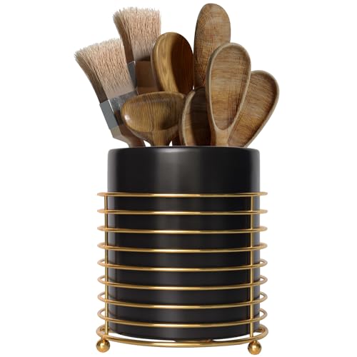 Dining Utensil Holder Cooking Utensil Holder,Gold Ring Metal Frame and Black Ceramics - color: Black Gold, size: XL