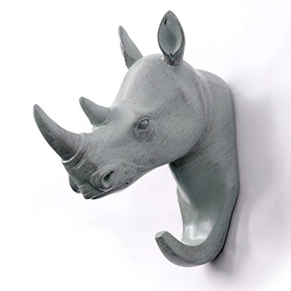 Rhino Head Single Wall Hook/Hanger Animal Shaped Coat Hat Hook Heavy Duty, Rustic, Decorative Gift, Grey - color: Rhino-Grey