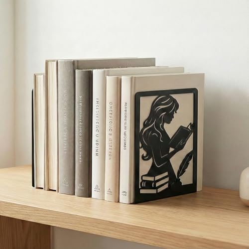 2 Pcs Metal Bookends, Unique Decorative Bookends with Reading Theme Cute Black Book Stopper for Multiple Home Styles Reading Room - style: Reading Girl