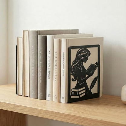 2 Pcs Metal Bookends, Unique Decorative Bookends with Reading Theme Cute Black Book Stopper for Multiple Home Styles Reading Room - style: Reading Girl
