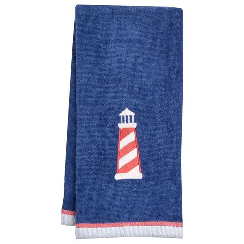 Ritz 2-Piece Cotton Velour Bathroom Hand Towel Set, Embroidered Lighthouse Design, Soft Navy Blue Nautical Decorative Towels for Lake House, Coastal, Beach Home Decor, 16” x 26” - color: Lighthouse, size: 2-Pack Hand Towels