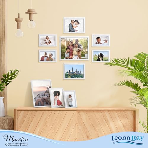 Combination White Picture Frames Set - 10 PC (Five 4x6, Three 5x7, Two 8x10), Classy Contemporary Style, Maestro Collection for Wall Gallery | Icona Bay Mixed Photo Frames - Glass Cover Sheet - Classy Contemporary Style - Wall Gallery, Collage - Table Top