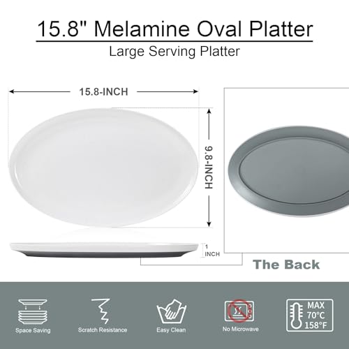 Webbylee ‌16" Melamine Oval Platter Set of 2 - Lightweight Durable Serving Tray for Party, Catering & Home | Dishwasher Safe, Fits Turkey/Charcuterie-White & Grey - color: White-Grey / 16-O, size: 15.8-inch