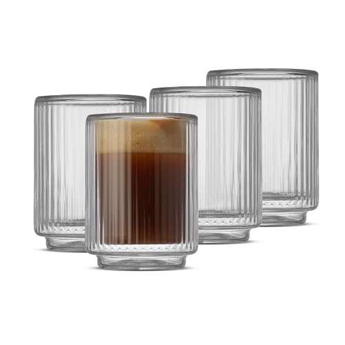 JoyJolt Haven Fluted Stackable Espresso Cups Set of 4, 2.5oz Ribbed Double Wall Glasses, Stacking Insulated Coffee Cup Set, Small Glass Coffee Cups for Espresso Machine Accessories - style: Espresso Glasses