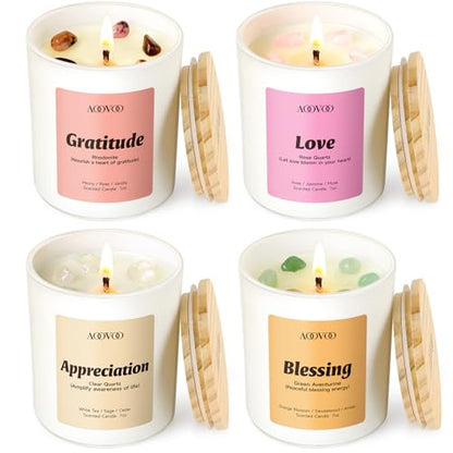 AOOVOO Healing Candles Set for Women - 4 Pack Soy Candles for Home Scented | Aromatherapy Candle with Crystals, Rhodonite Gratitude /Clear Quartz Appreciation /Aventurine Blessing /Rose Quartz Love - style: Healing Candles Set