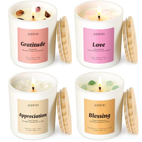 AOOVOO Healing Candles Set for Women - 4 Pack Soy Candles for Home Scented | Aromatherapy Candle with Crystals, Rhodonite Gratitude /Clear Quartz Appreciation /Aventurine Blessing /Rose Quartz Love - style: Healing Candles Set