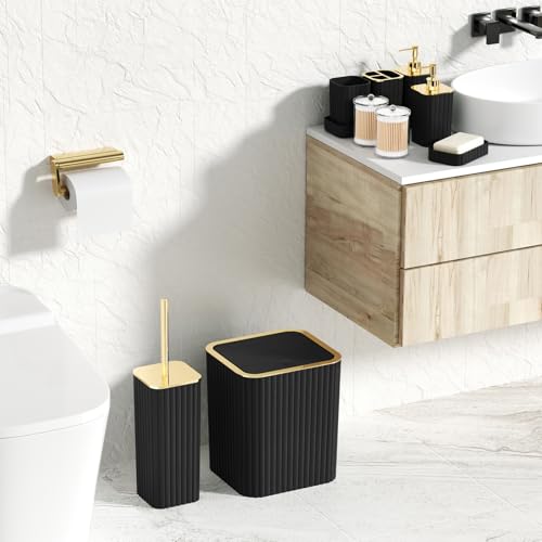 XLHOMO Bathroom Accessories Set - Gorgeous Black Bathroom Set, 10PC Bathroom Accessory Set, Toilet Brush, Trash Can, Qtip Holder & Soap Dispenser - size: Bath Set, style: Black&Gold