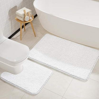 LOCHAS Bathroom Rugs Sets 2 Piece, 20''x20'' & 34''x21'', White | Non Slip U-Shaped Toilet Rug, Chenille Washable Absorbent, Soft Bath Mat Set for Shower, Sink - color: White