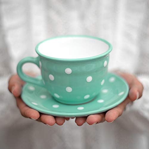 City to Cottage Handmade Teal Blue and White Polka Dot Large Ceramic 12oz/350ml Cappuccino Coffee Tea Cup and Saucer, Unique Designer Pottery for Tea Lovers - color: Turquoise - 12oz (350ml)