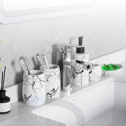 Ceramic Bathroom Accessory Set, 5-Piece Bathroom Accessory Set, Soap Dish, Toothbrush Holder, Soap Dispenser, Bathroom Tumbler & Candle Holder - Modern Bathroom Organizer, (White & Black) - color: White and Black