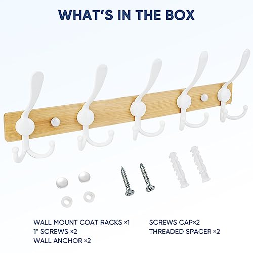 TICONN Wall Mounted Coat Rack, Five Heavy Duty Tri Hooks All Metal Construction for Jacket Coat Hat in Mudroom Entryway (Wood White, 1-Pack) - color: Wood White