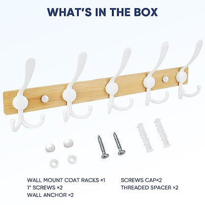 TICONN Wall Mounted Coat Rack, Five Heavy Duty Tri Hooks All Metal Construction for Jacket Coat Hat in Mudroom Entryway (Wood White, 1-Pack) - color: Wood White