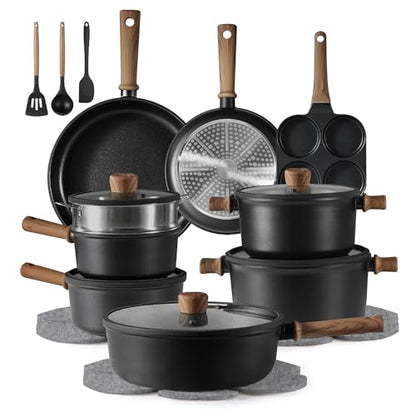 CAROTE 24pcs Nonstick Cookware Sets, Pots and Pans Set | Titanium Infused, Ultra Durable, Fast & Even Heating, Easy Clean, All-Stovetop Compatible, with 6.5-Qt Stockpot & Egg Pan - color: Black, size: 24 PCS